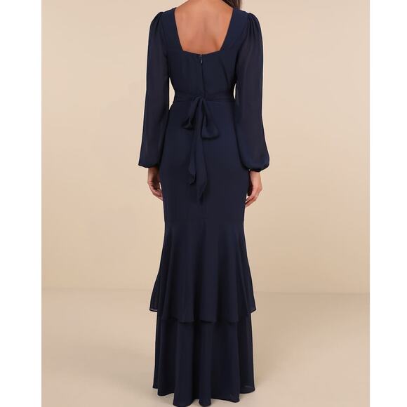 Lulus NWT Tier Elegance Navy Long Sleeve V-Neck Chiffon Tiered Maxi Dress Medium - Picture 5 of 10